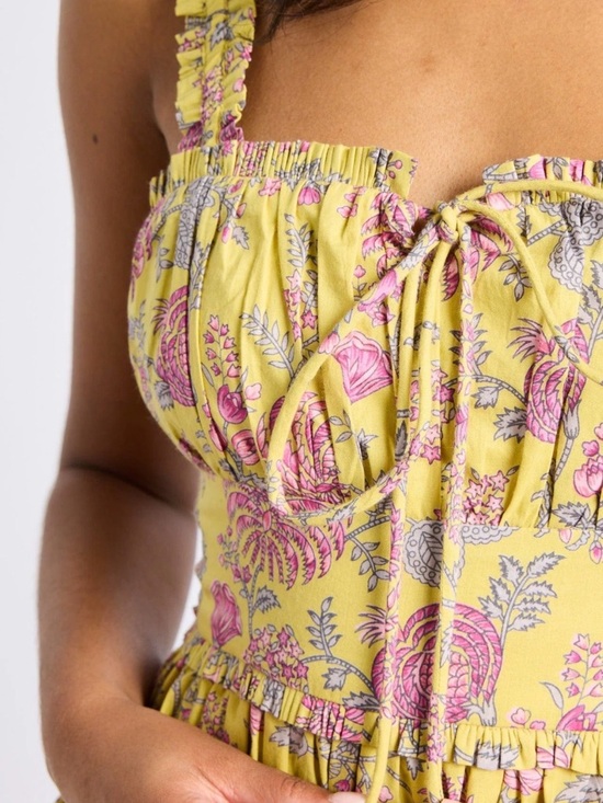 Yellow Midi Dress with Pink Floral Print and Smocked Bodice - Picture 3 of 4